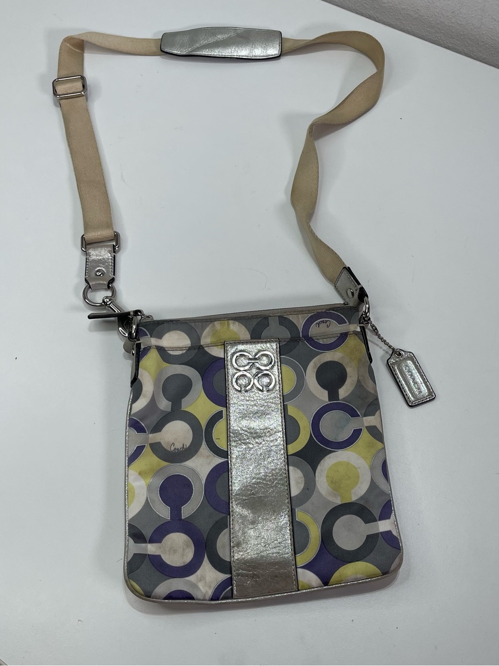 Coach Crossbody Shoulder Bag Logo Julia Scarf Print Purse Metallic Charm Tag